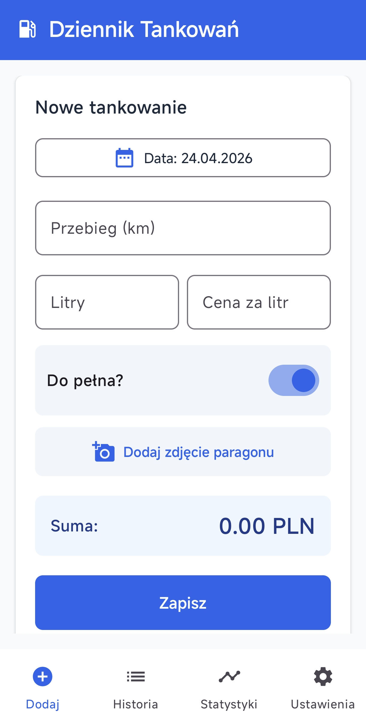 Widok listy tankowań